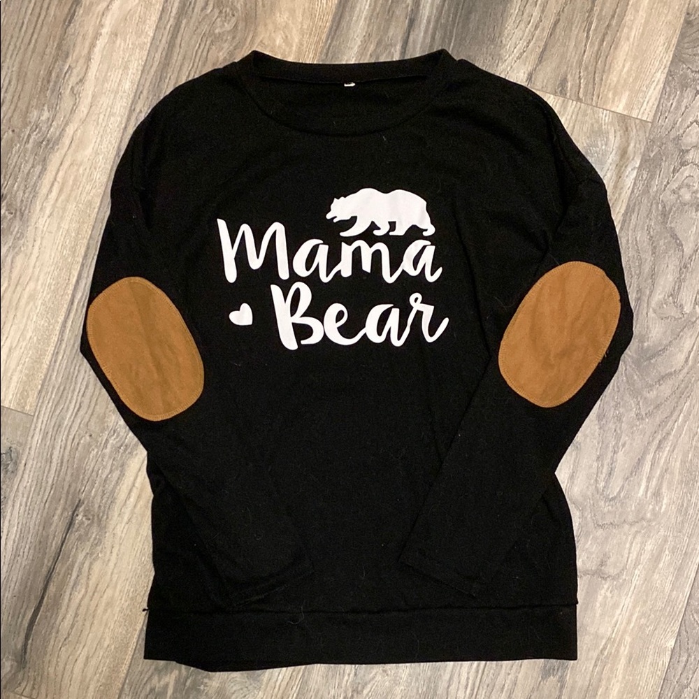 Black 'Mama Bear' Sweatshirt with Brown Elbow Patches